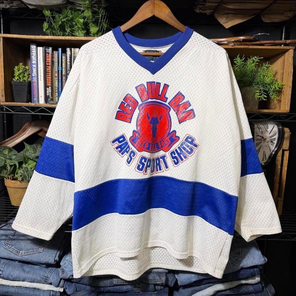 Vintage 90s Red Bull Bar Hockey Jersey Blue and White Striped Boxy Tee Shirt